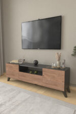Comodă TV Modernă 140 cm, Antracit & Stejar, cu Spații de Depozitare – Design Scandinav