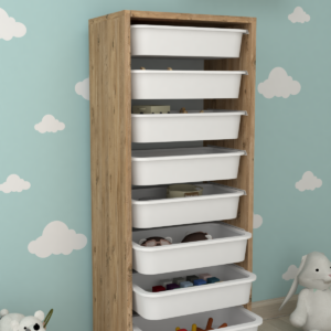 Dulap Organizator cu 8 Sertare, Stejar Natural & Alb, pentru Bucătărie și Cameră Copii, 116,5 x 45 x 30 cm