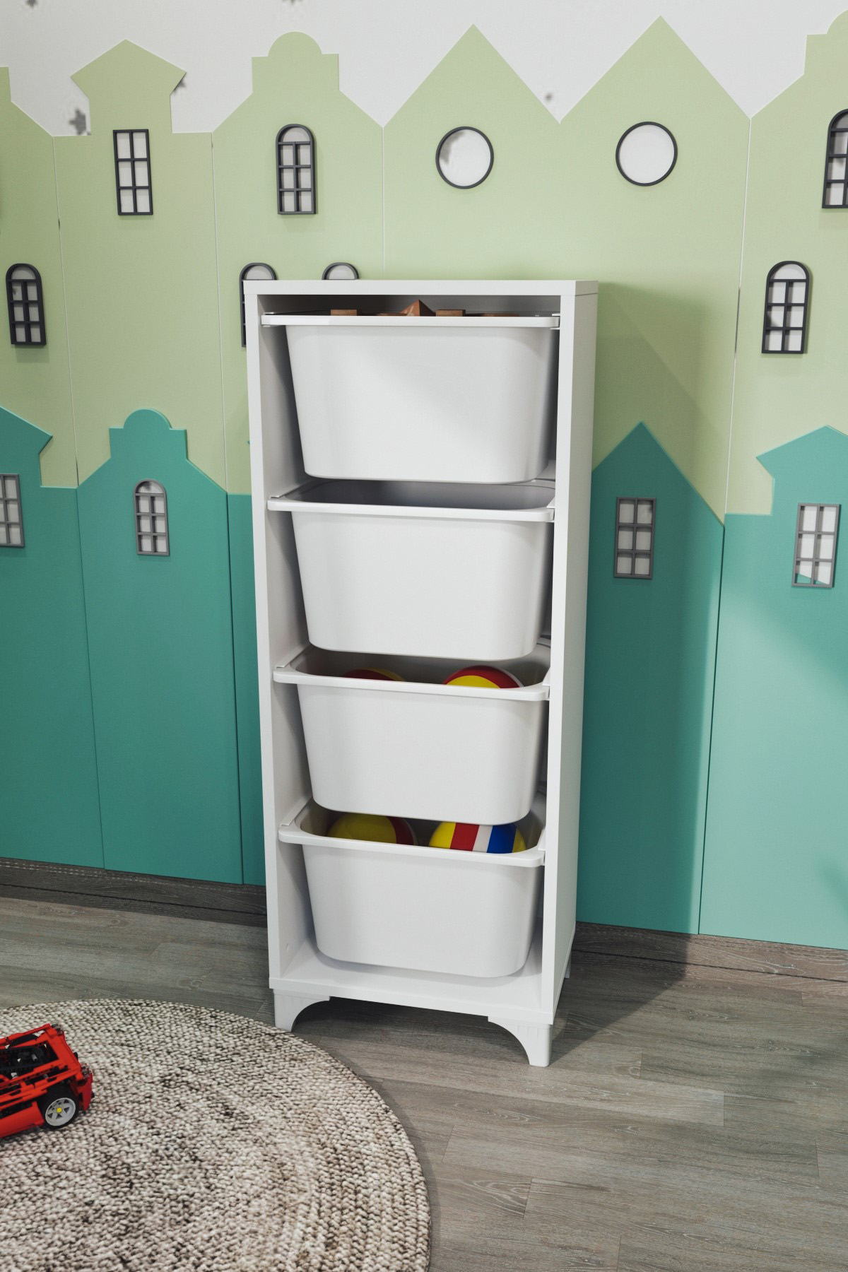 Dulap Organizator Vertical cu 4 Coșuri din Plastic, Alb, 45 x 30 x 116 cm – Depozitare Multifuncțională pentru Casă - imagine 8