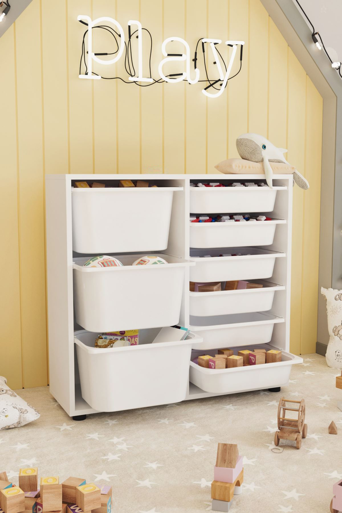 Organizator Jucării cu 9 Coșuri din Plastic, Alb – Dulap Multifuncțional pentru Camera Copilului, 88,7 × 30 × 85,5 cm - imagine 2