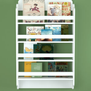 Bibliotecă Montessori pentru Copii, Montată pe Perete, Albă, 4 Rafturi, 80 × 15 × 132 cm – Suport Cărți cu Afișare Frontală