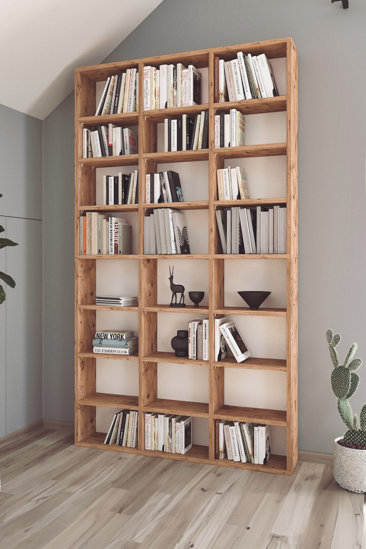 Bibliotecă înaltă cu 16 compartimente, stejar natur, rafturi reglabile, 101.8 x 16.3 x 178 cm, design modern - imagine 2