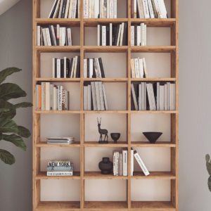Bibliotecă înaltă cu 16 compartimente, stejar natur, rafturi reglabile, 101.8 x 16.3 x 178 cm, design modern