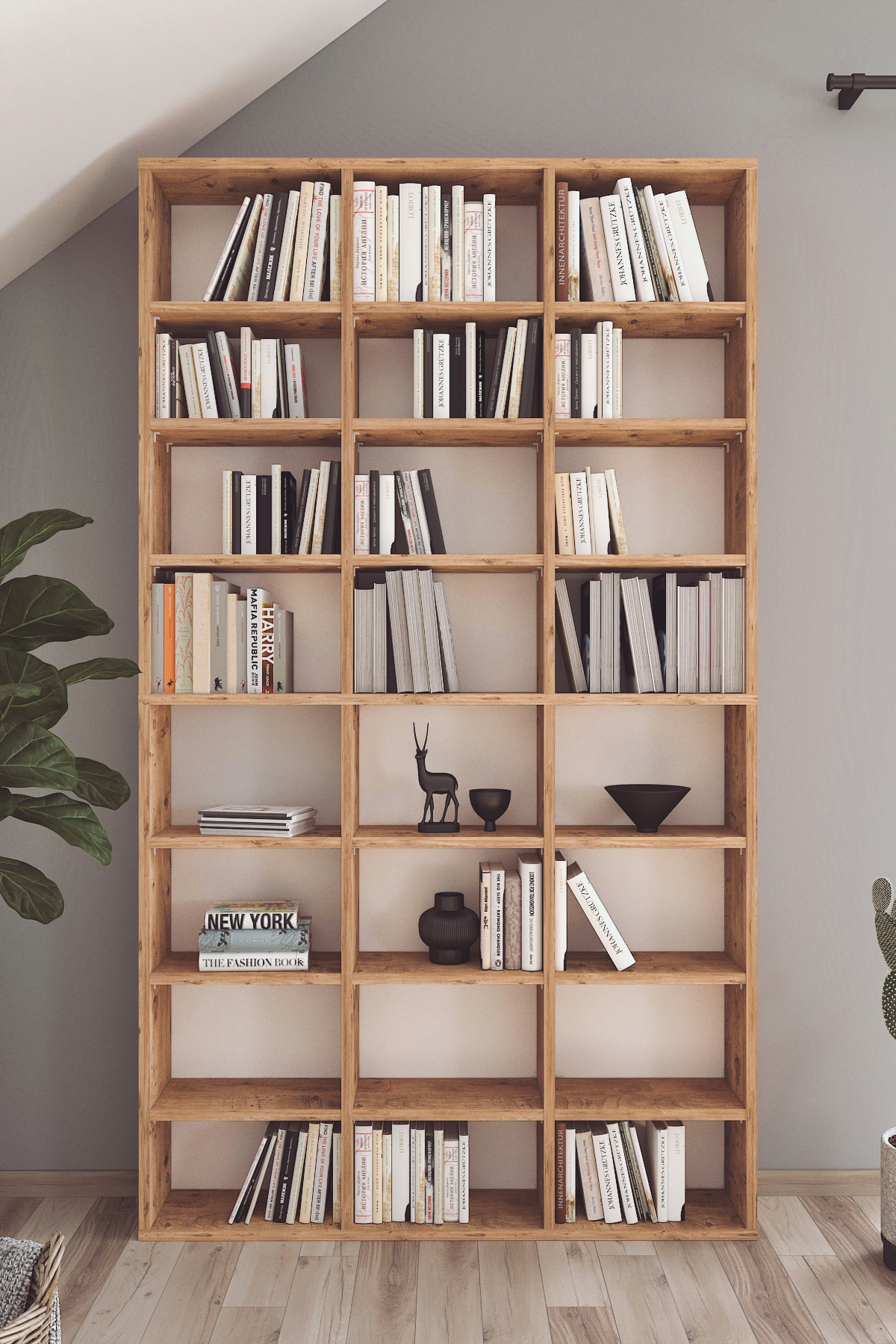 Bibliotecă înaltă cu 16 compartimente, stejar natur, rafturi reglabile, 101.8 x 16.3 x 178 cm, design modern