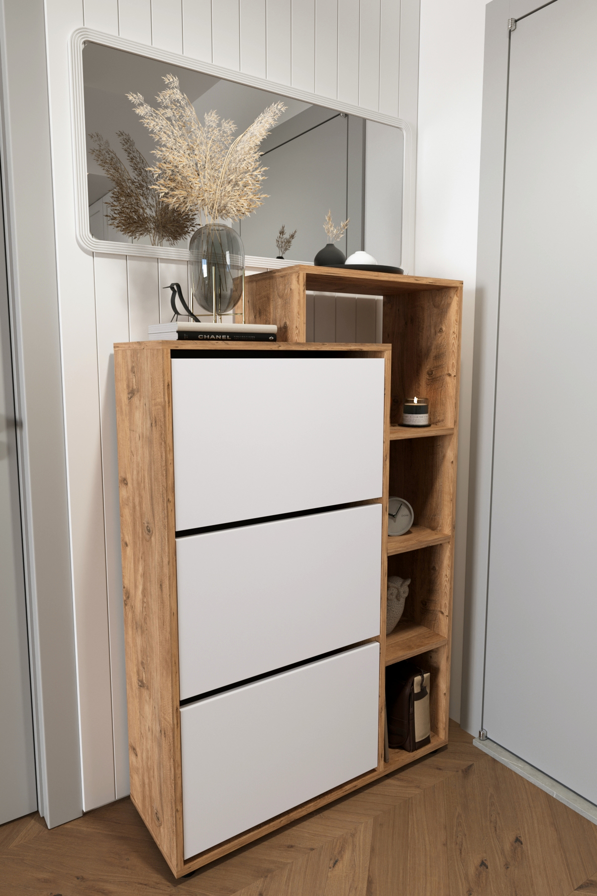 Pantofar modern cu 3 compartimente rabatabile și rafturi laterale, design slim pentru hol, 90 x 32 x 143 cm - imagine 2