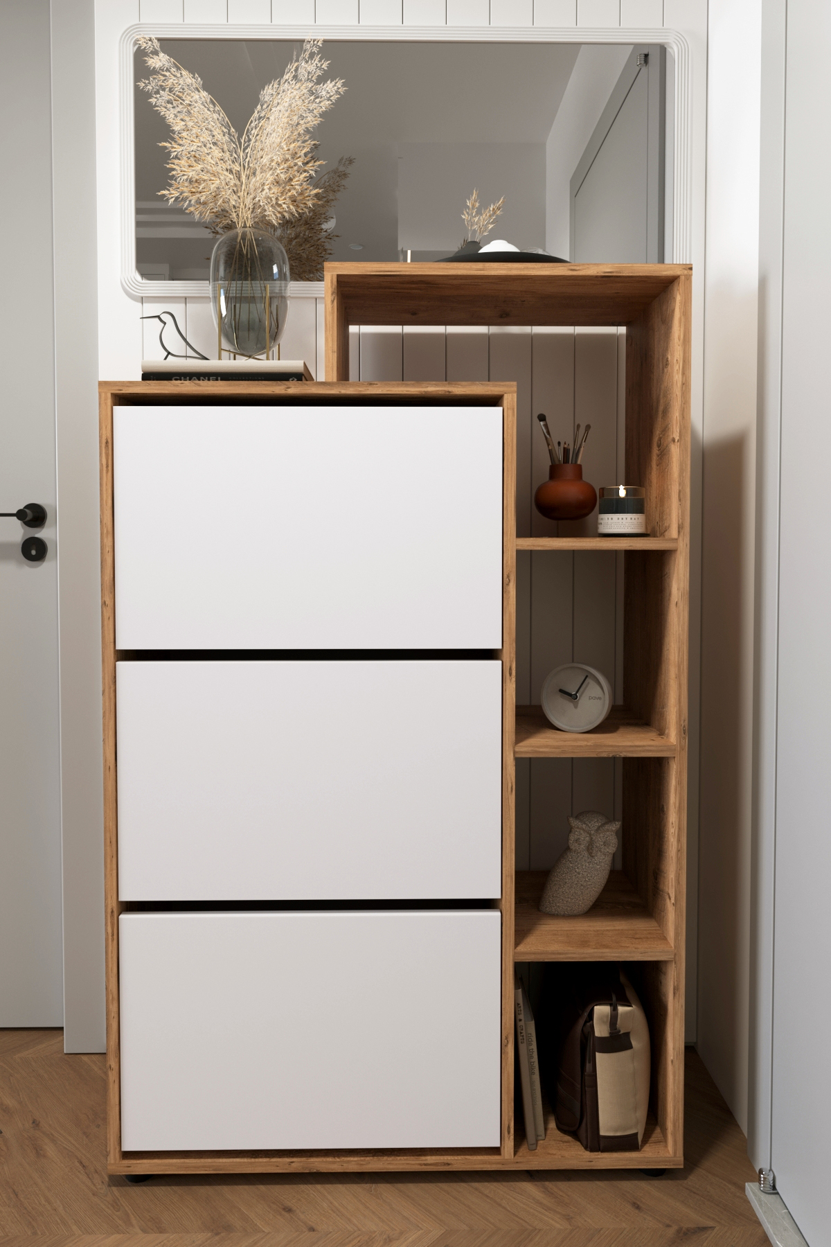Pantofar modern cu 3 compartimente rabatabile și rafturi laterale, design slim pentru hol, 90 x 32 x 143 cm