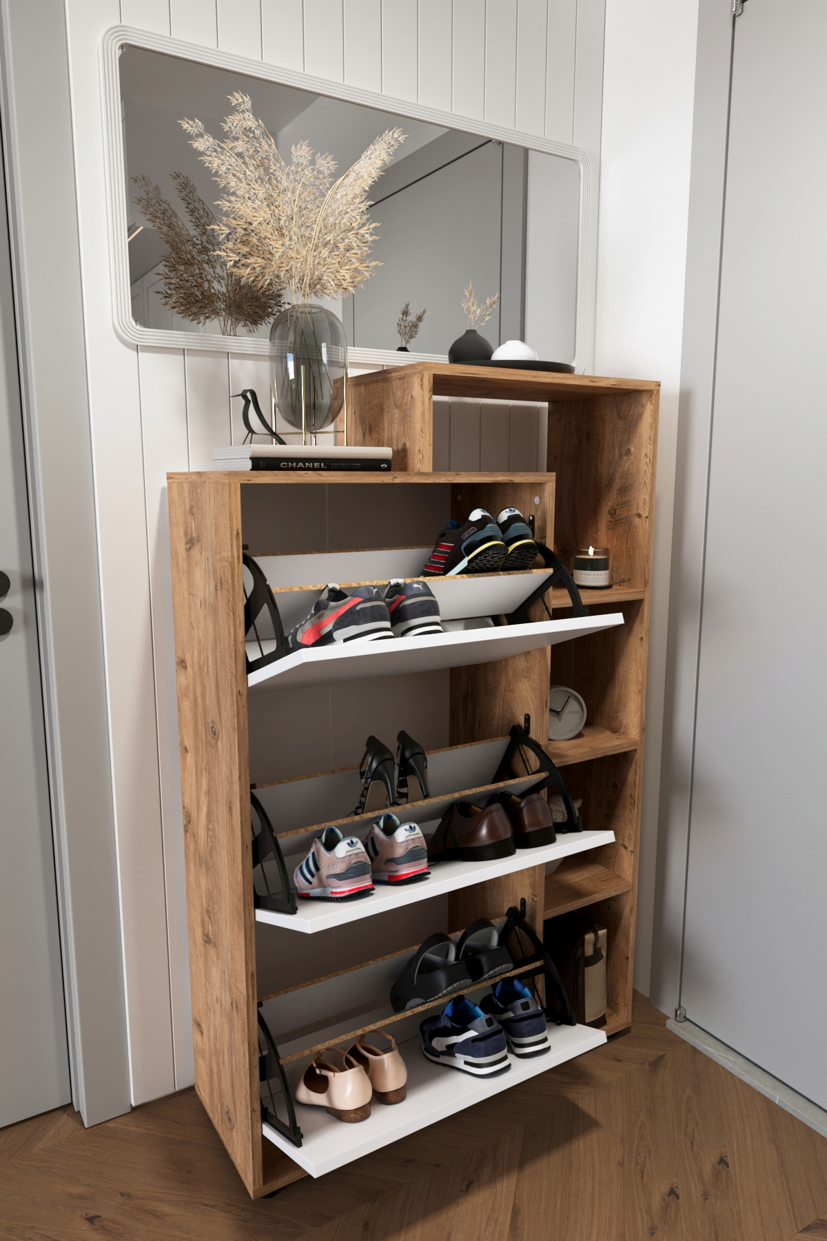 Pantofar modern cu 3 compartimente rabatabile și rafturi laterale, design slim pentru hol, 90 x 32 x 143 cm - imagine 5
