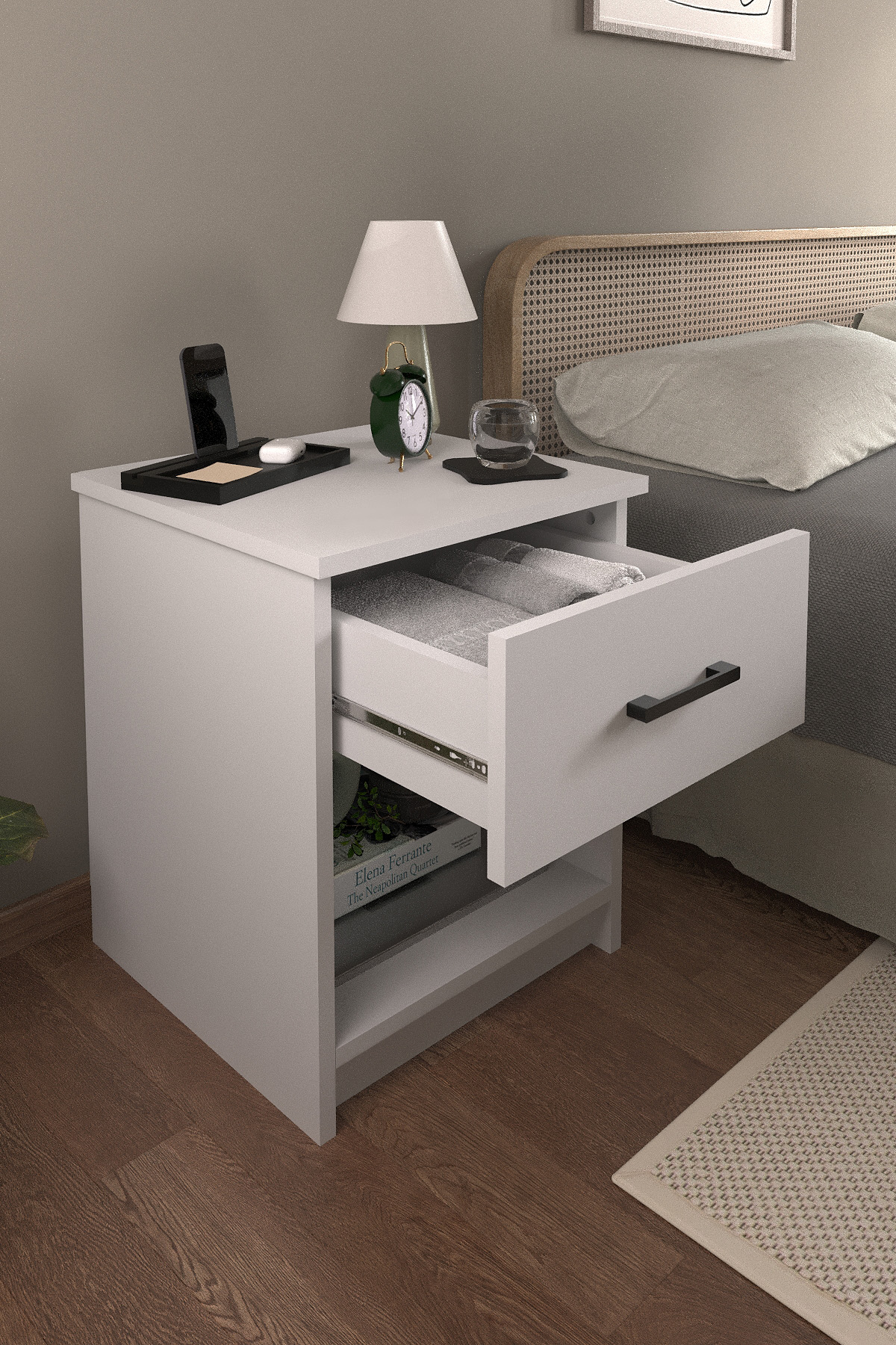 Noptieră modernă cu sertar și raft deschis, design minimalist, alb, 44 x 44 x 54 cm
