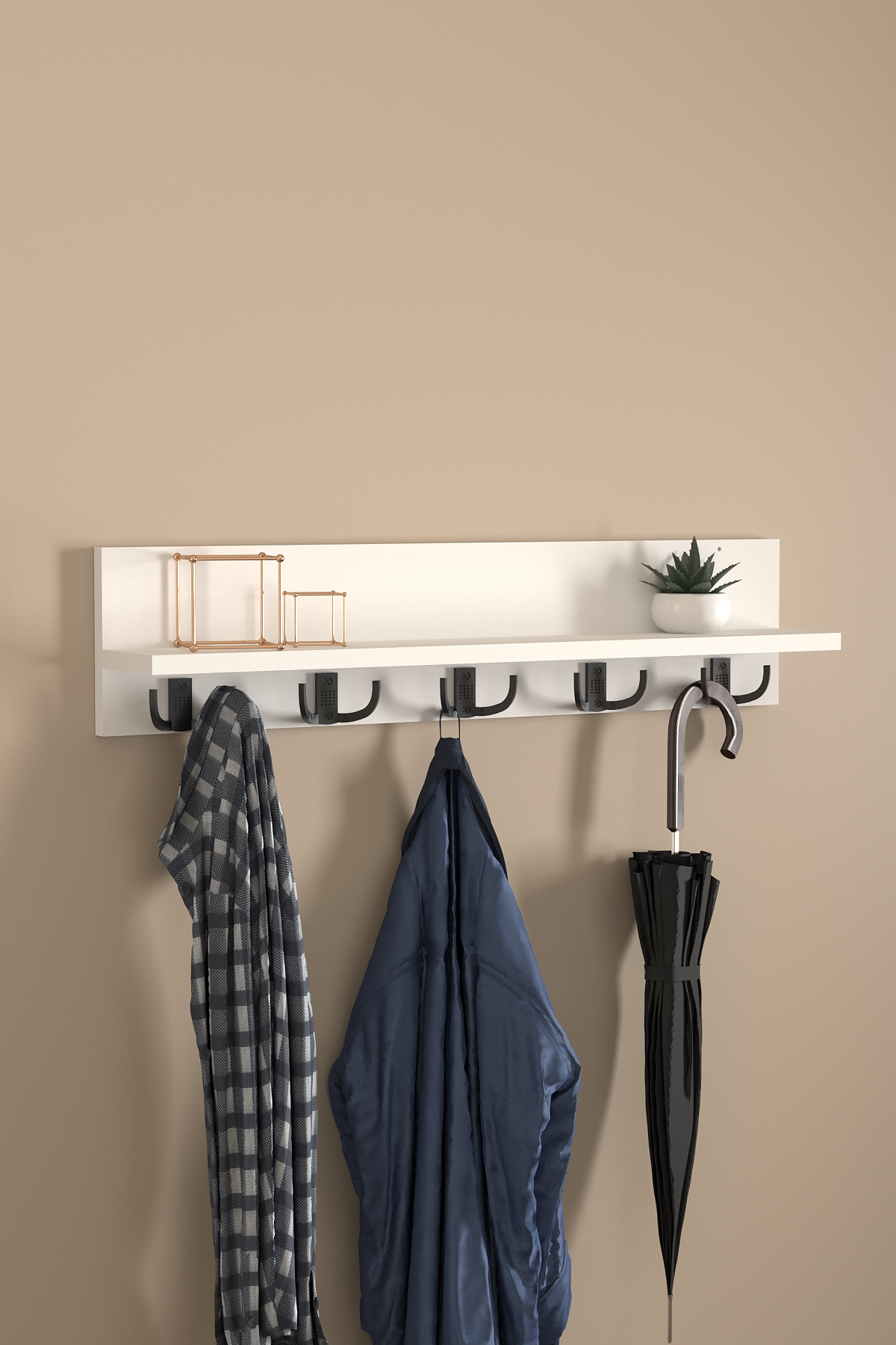 Cuier de Perete cu Raft – Alb Modern, 5 Cârlige Duble din Metal, 80 cm - imagine 2