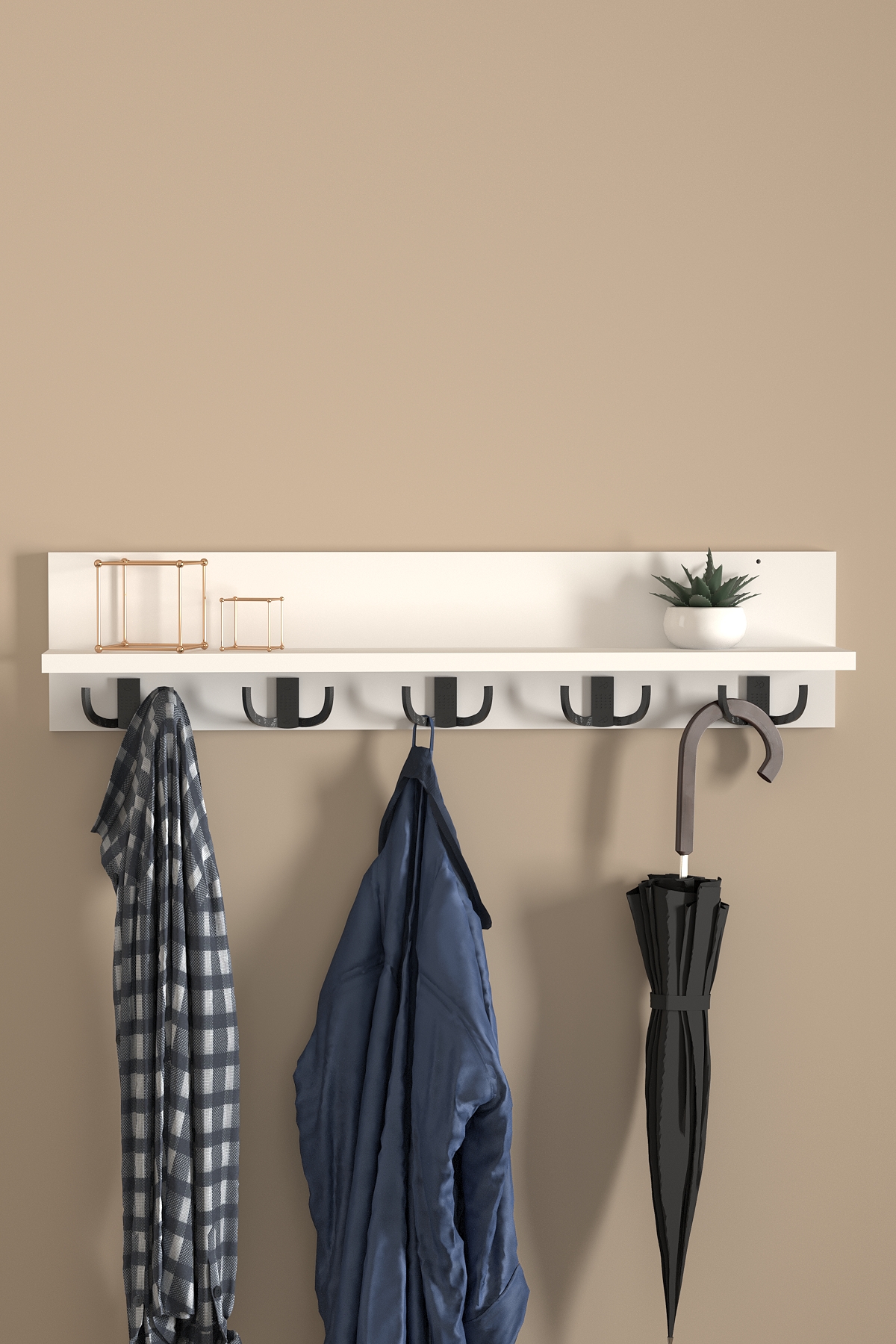 Cuier de Perete cu Raft – Alb Modern, 5 Cârlige Duble din Metal, 80 cm - imagine 4