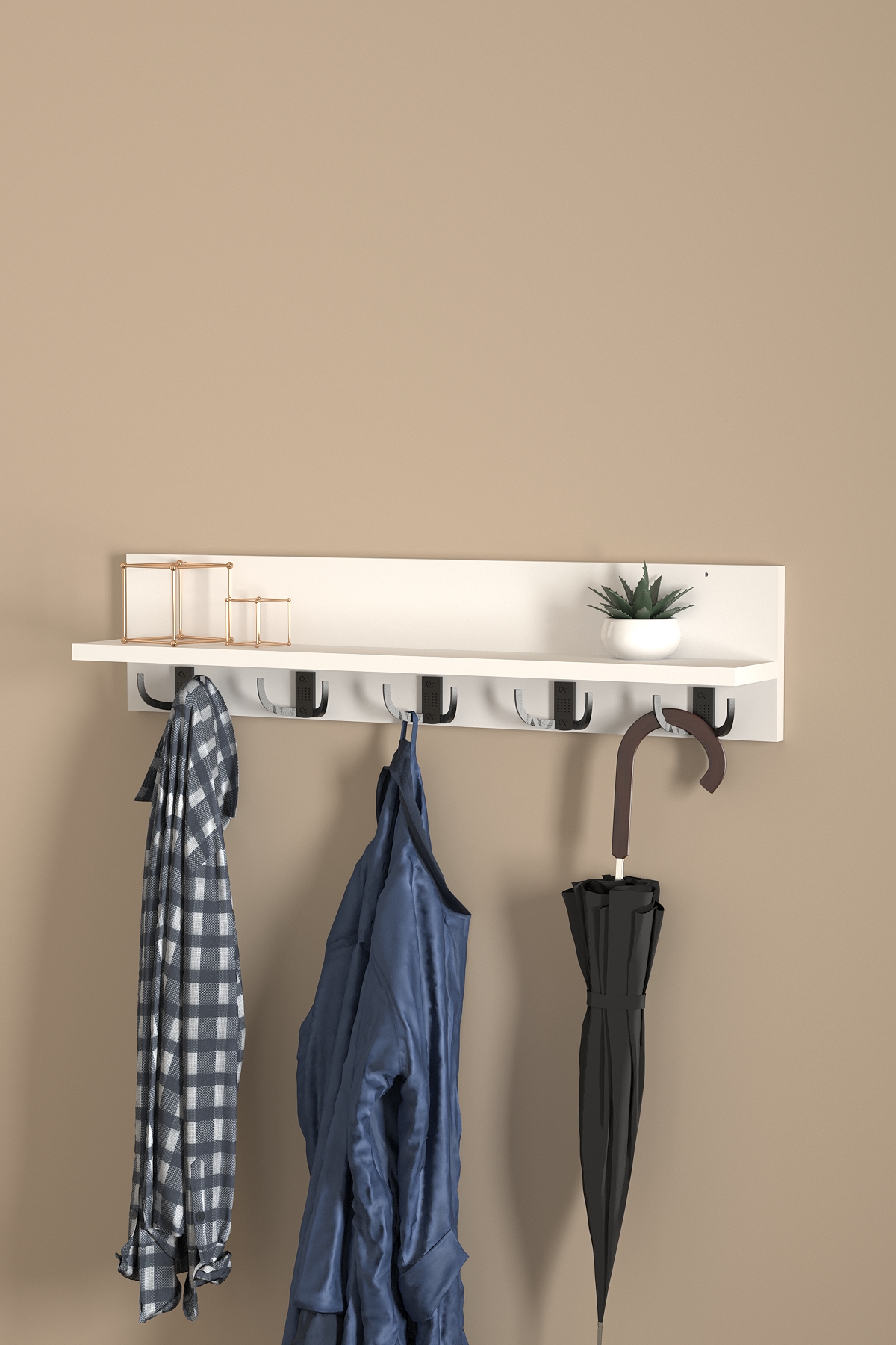 Cuier de Perete cu Raft – Alb Modern, 5 Cârlige Duble din Metal, 80 cm